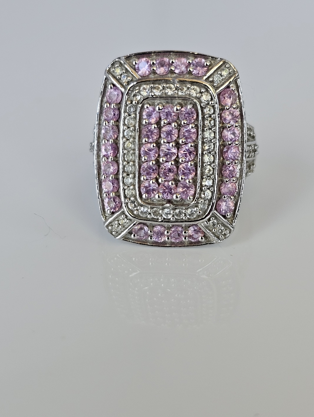 Genuine Pink Sapphire & White Zircon Ring Sterling Silver Platinum Overlay Sz 7!
